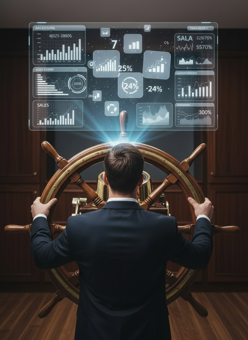 Empresario al timón de su negocio con datos proyectados